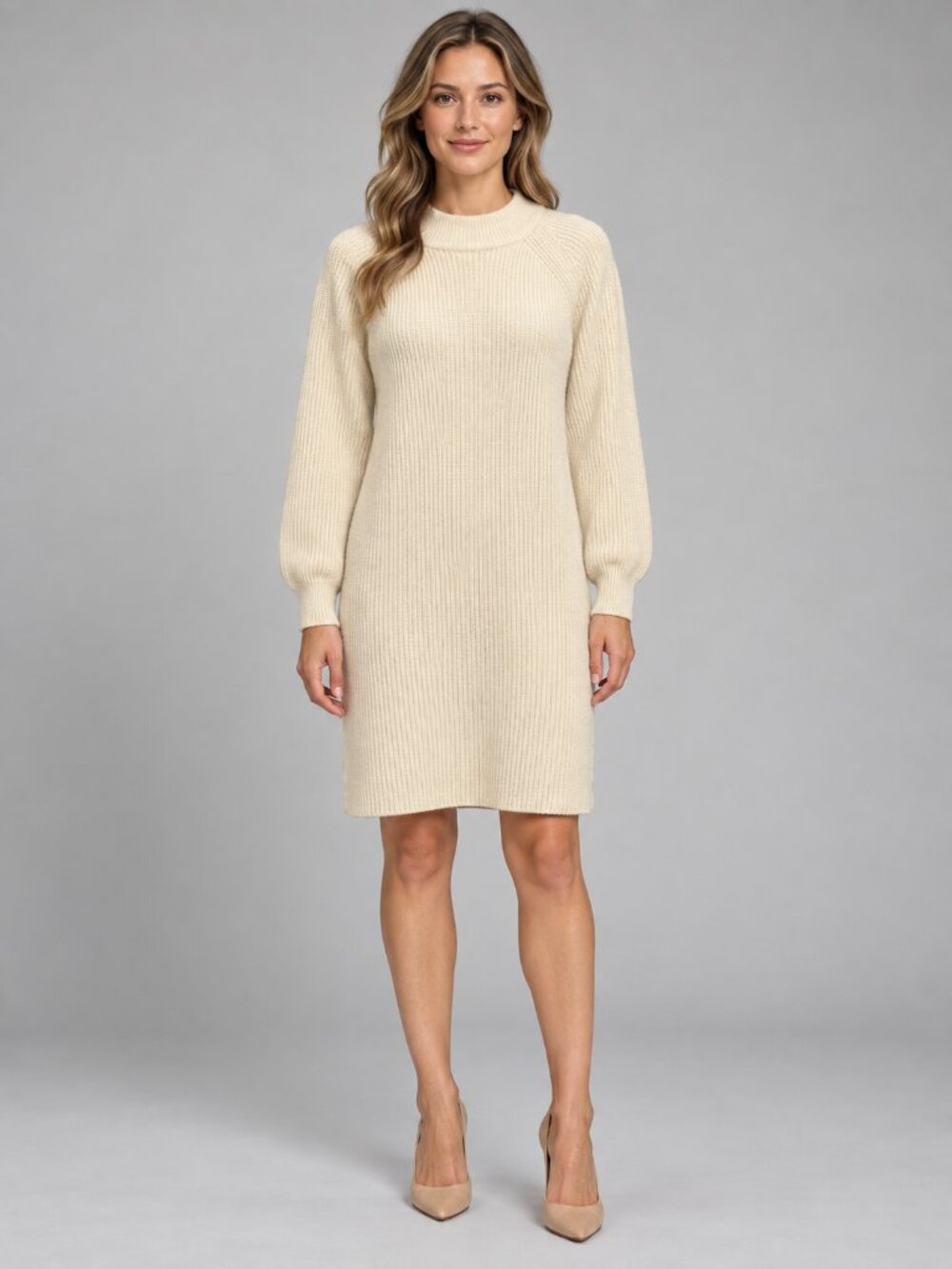 Ann Taylor Petite LP Cream Ribbed Knit Fall Dress Wool Blend Long Sleeve